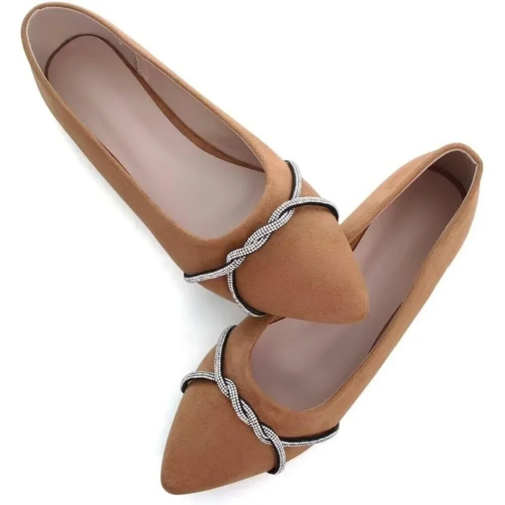 Women's Khaki Casual Flats Fashion Chain Pointed Toe Ballet Flat Rhinestone